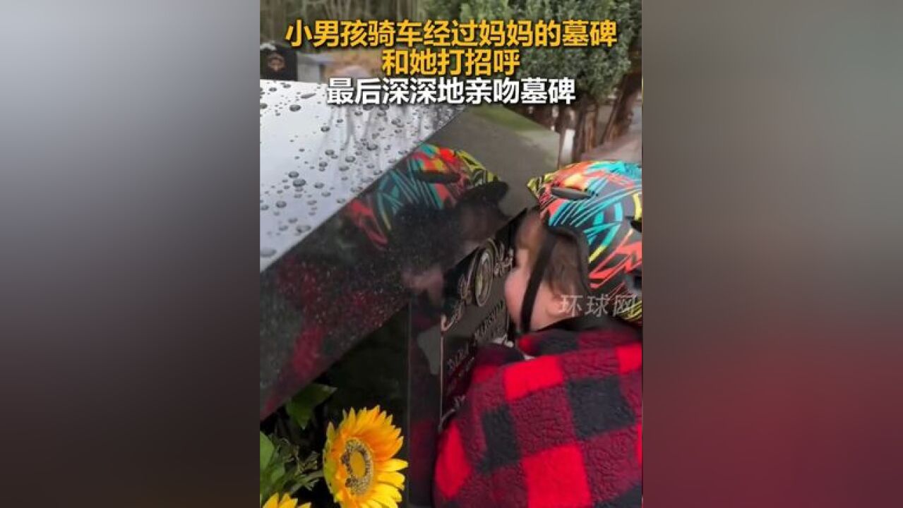 小男孩骑车经过妈妈的墓碑,和她打招呼,最后深深地亲吻墓碑