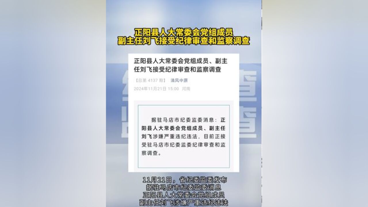 正阳县人大常委会副主任刘飞接受审查调查