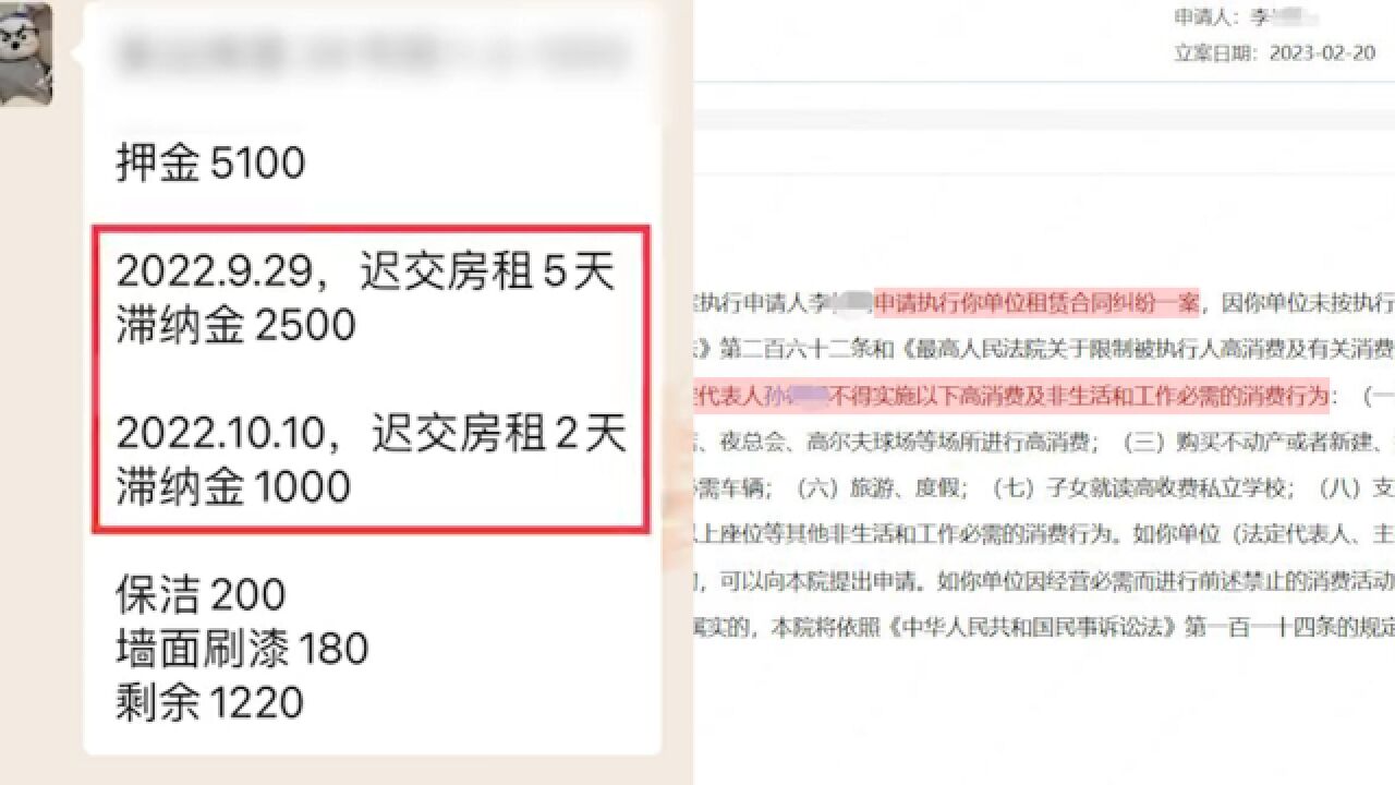 房租晚交1天扣500物业刚被限制高消费,系因租赁合同纠纷