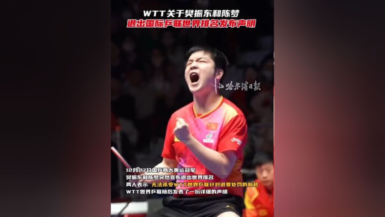 WTT关于樊振东和陈梦退出国际乒联世界排名发布声明