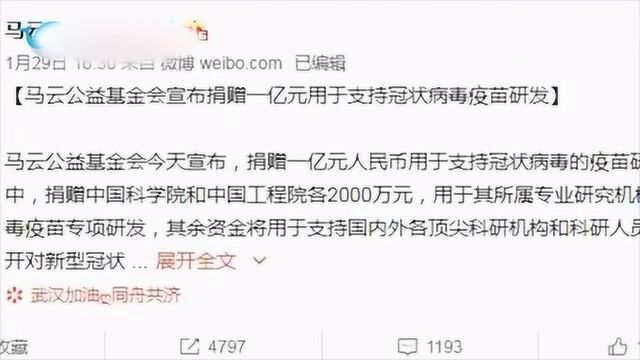 韩红为疫情奔走呼号,马云为武汉捐款一亿!高晓松捐款20万!