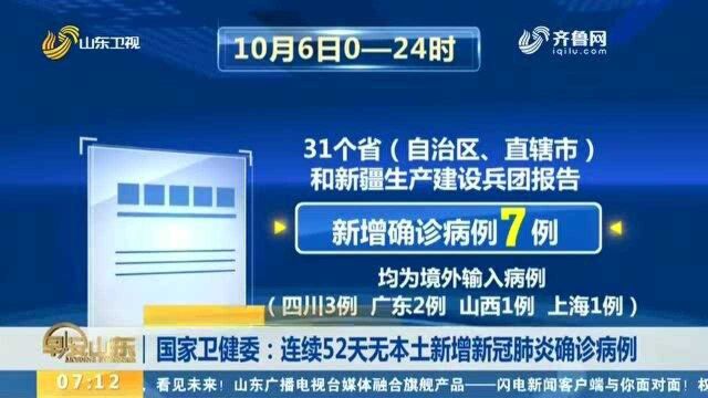 国家卫健委:连续52天无本土新增新冠肺炎确诊病例