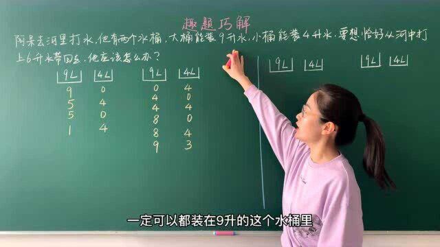 三年级数学思维训练:如何用9升水桶和4升水桶,从河中打6出升水?