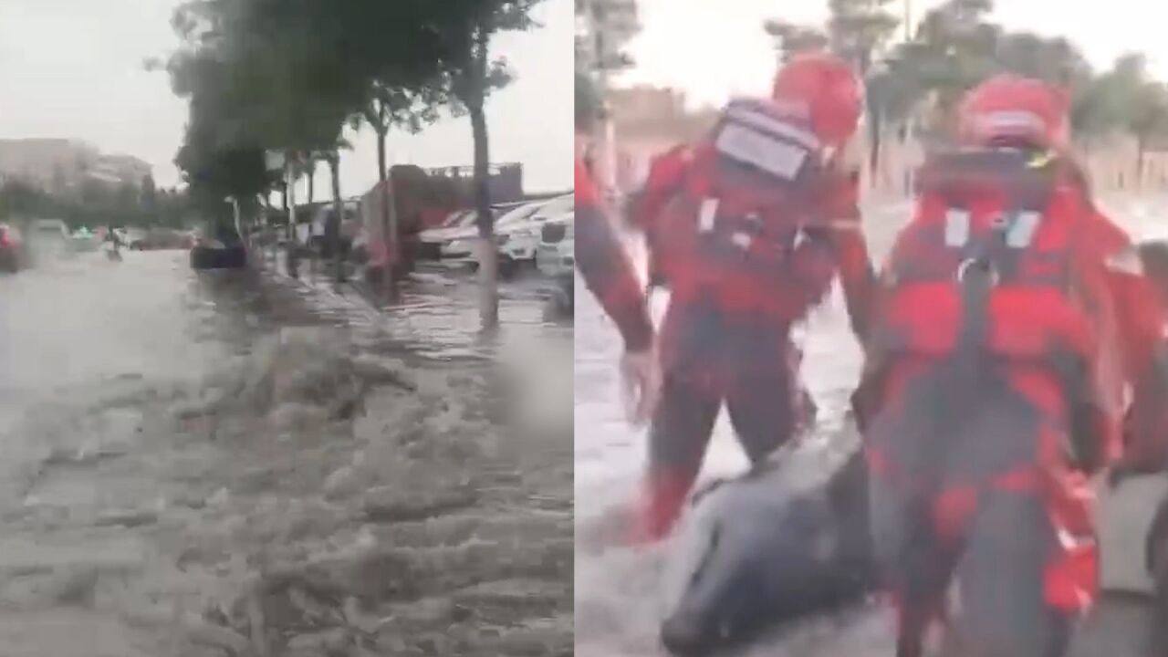 陕西定边遇特大暴雨致城区积水严重 消防水陆接力救助被困群众