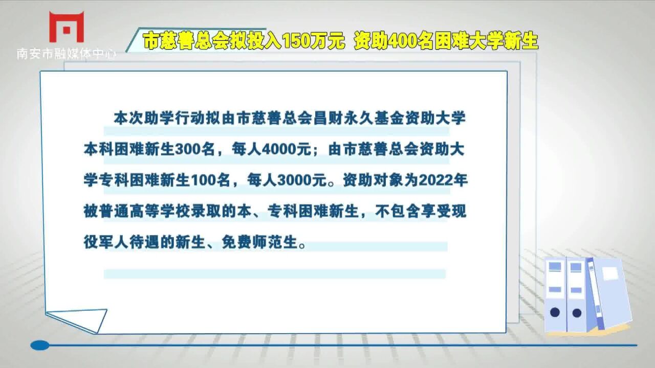 市慈善总会拟投入150万元 资助400名困难大学新生