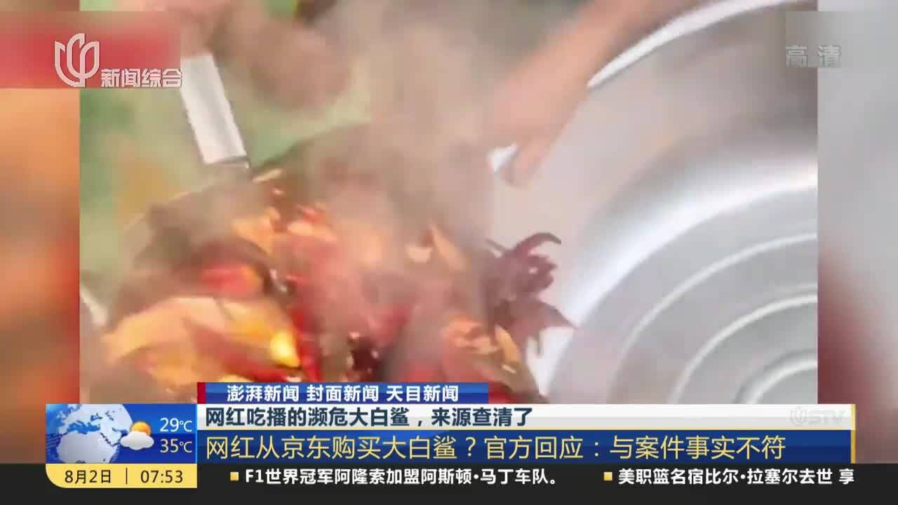 网红吃播的濒危大白鲨,来源查清了 网红从京东购买大白鲨?官方回应:与案件事实不符