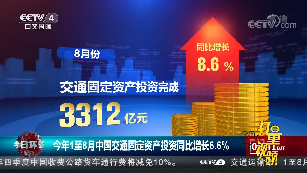 数据显示:今年1至8月中国交通固定资产投资同比增长6.6%