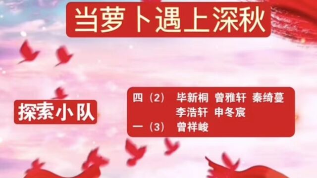 2019级2班毕新桐 曾雅轩 秦绮蔓 李浩轩 申冬宸 2022级3班 曾祥峻 当萝卜遇深秋(研究报告、绘画、手抄报、雕刻、美食、故事)