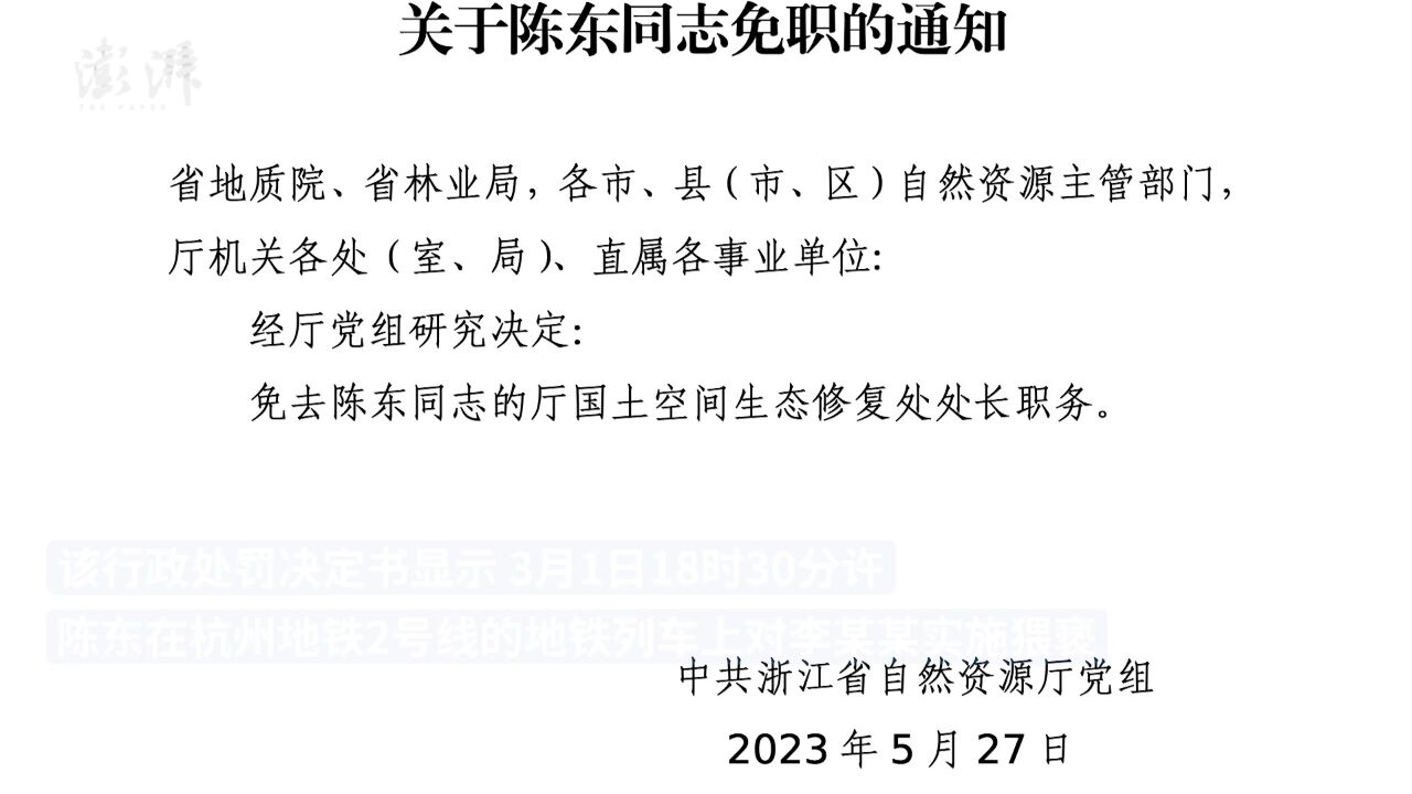 浙江自然资源厅一处长地铁猥亵他人被拘12日,回应:已调离公务员队伍