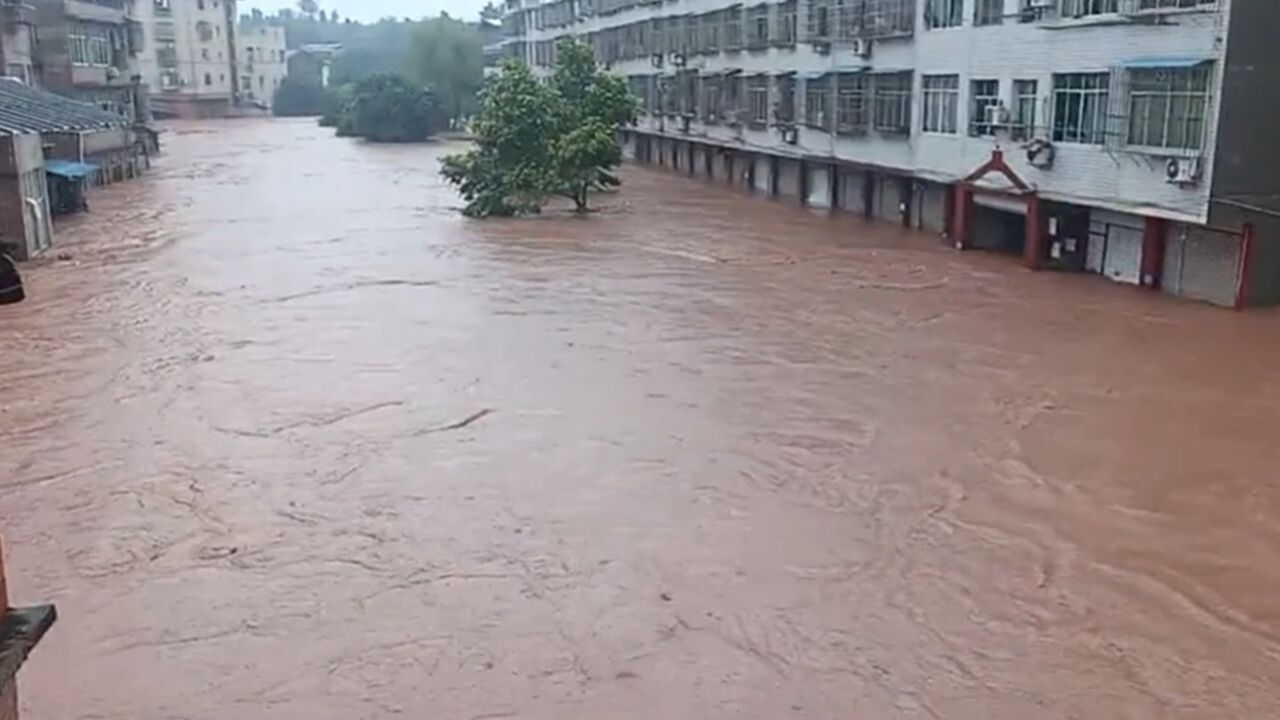 重庆潼南暴雨来袭,街道积水半层楼高,消防开冲锋舟进村搜救