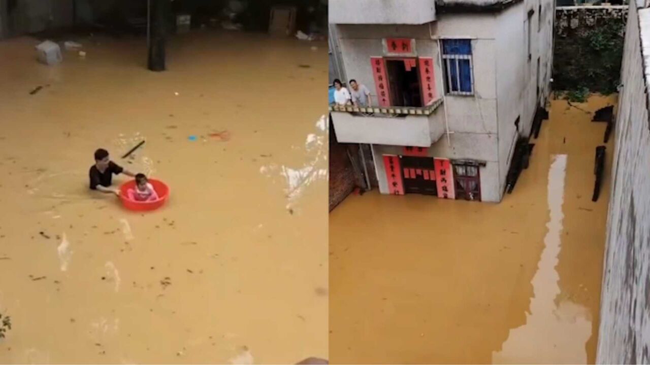 台风苏拉带来强降雨,广东罗定遭城市内涝,男子澡盆运娃巧救援