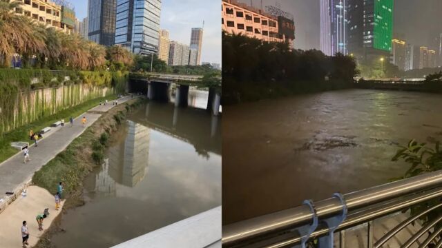 一组对比图看深圳暴雨有多大:龙岗河几小时淹成“海”,四项雨量记录破极值