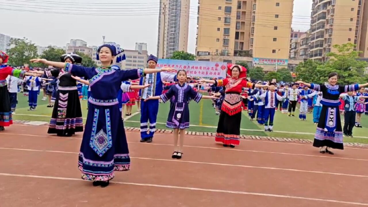 广西百色市田东县师生齐聚欢歌起舞弥漫欢畅 穿多彩斑斓亮丽盛装共迎一年一度节日三月三