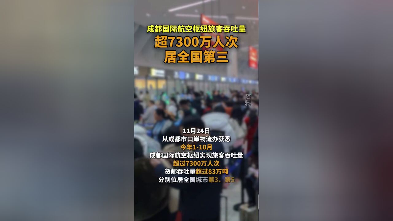 今年前10月,成都国际航空枢纽旅客吞吐量全国城市第三