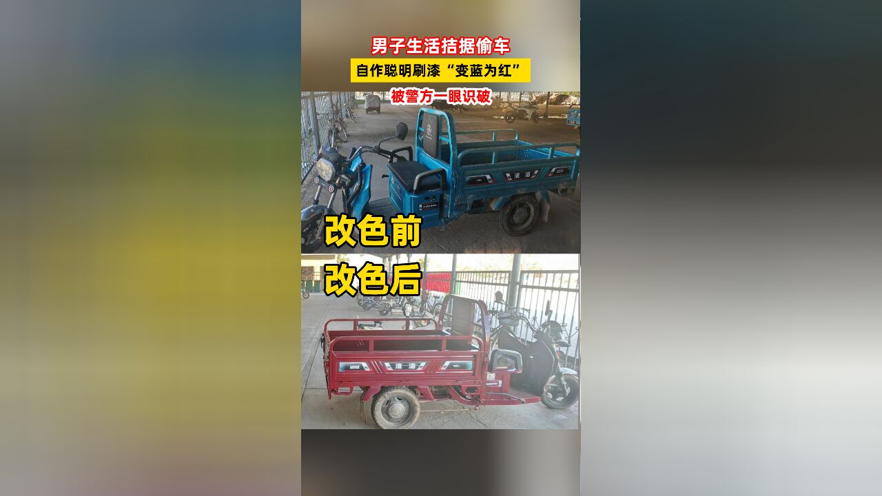 男子生活拮据偷车,自作聪明刷漆“变蓝为红”,被警方一眼识破