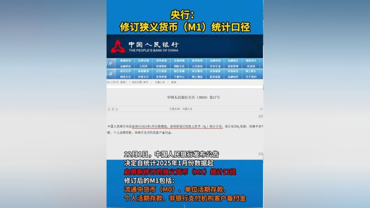 央行启用新修订的狭义货币统计口径 中国人民银行决定自统计2025年1月份数据起,.