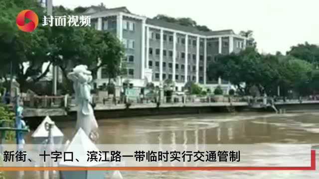 洪峰过境!河水在午间漫上四川自贡自流井滨江路 市民在岸边淡定“浑水钓鱼”