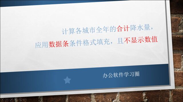 计算各城市全年的合计降水量,用数据条条件格式填充,不显示数值