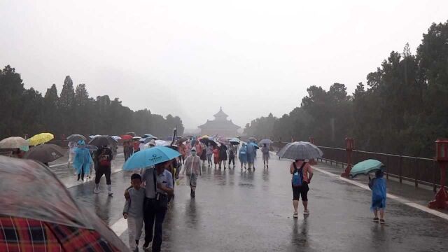 在雨中,游客游览天坛公园