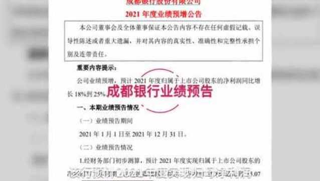 【读财报】首份上市银行2021年业绩预告出炉:成都银行业绩预增 涉房贷款超线