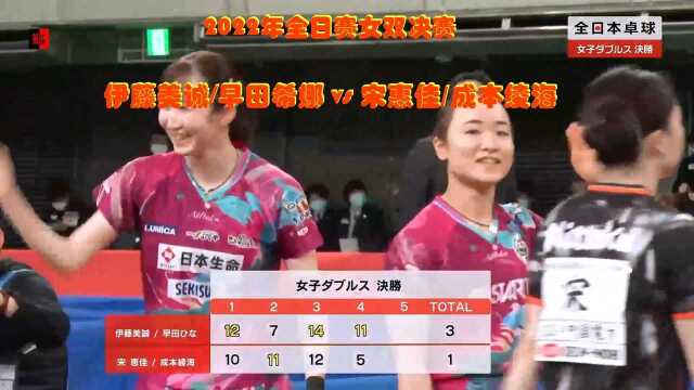 2022年全日赛女双决赛:伊藤美诚・早田希娜 vs 宋恵佳・成本绫海