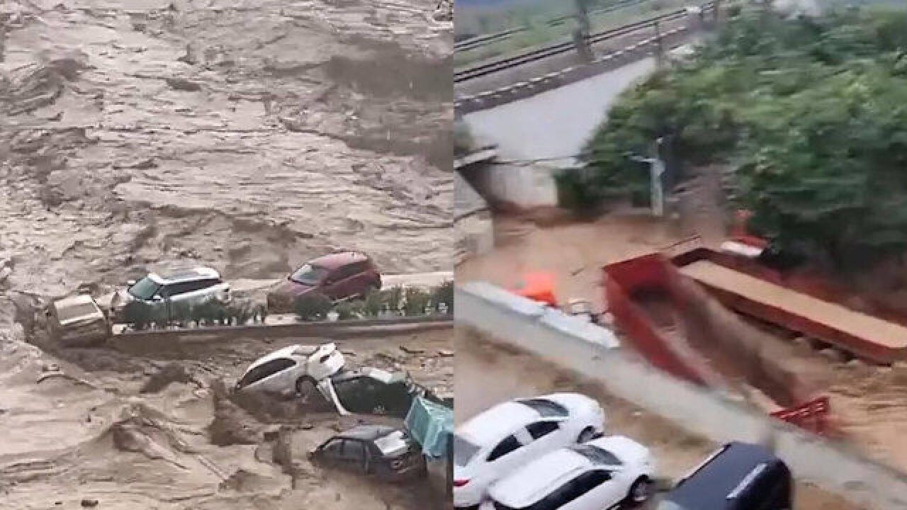 山西吕梁强降雨引发洪水 实拍半挂货车被冲走 当地消防部门已出动