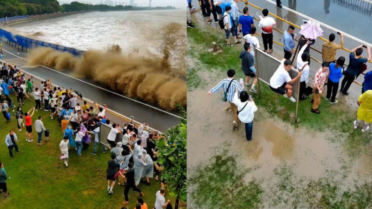 威力太猛!台风碰上钱塘江大潮,一小伙发现“最佳观潮点”