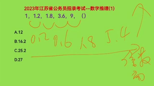 2023年江苏省公务员考试,1,1.2,1.8,3.6,9,下一个数是什么