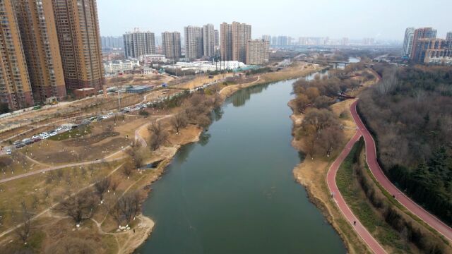 航拍陕西咸阳市沣河湿地公园美丽景色