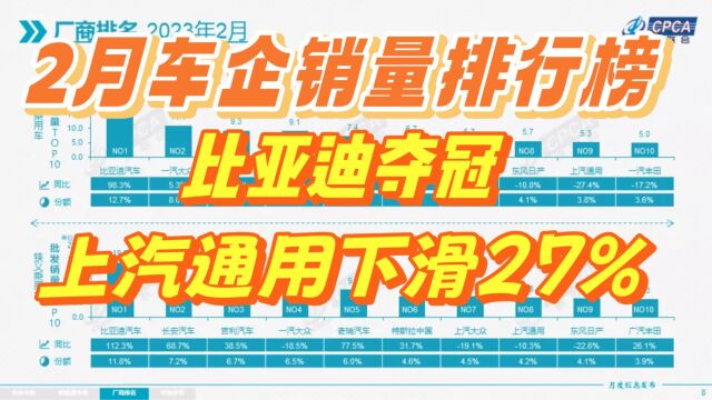 2月车企销量排行榜出炉,比亚迪超越一汽大众夺冠,通用下滑超27%