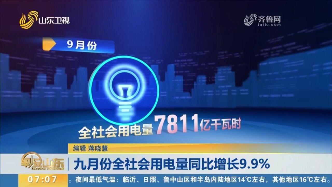 九月份全社会用电量7811亿千瓦时,同比增长9.9%