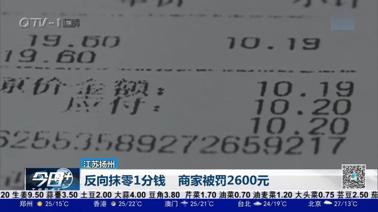 “反向抹零”多收顾客1分钱,扬州一商家被罚2600元