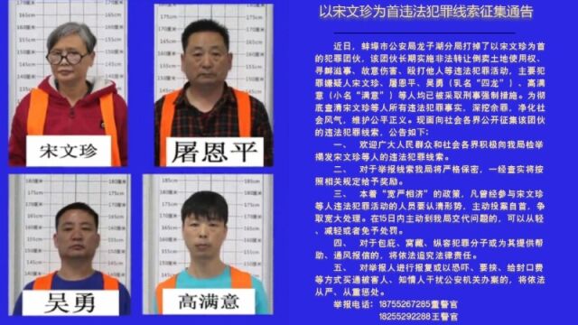 安徽蚌埠警方打掉宋文珍等人犯罪团伙,公开有奖征集线索