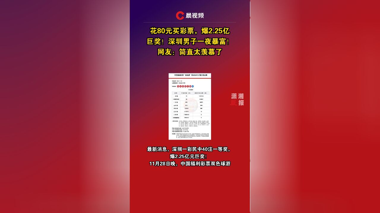 花80元买彩票,爆2.25亿巨奖!深圳男子一夜暴富!网友:简直太羡慕了