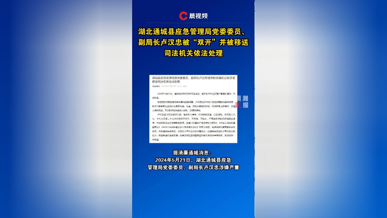 湖北通城县应急管理局党委委员、副局长卢汉忠被“双开”并被移送司法机关依法处理