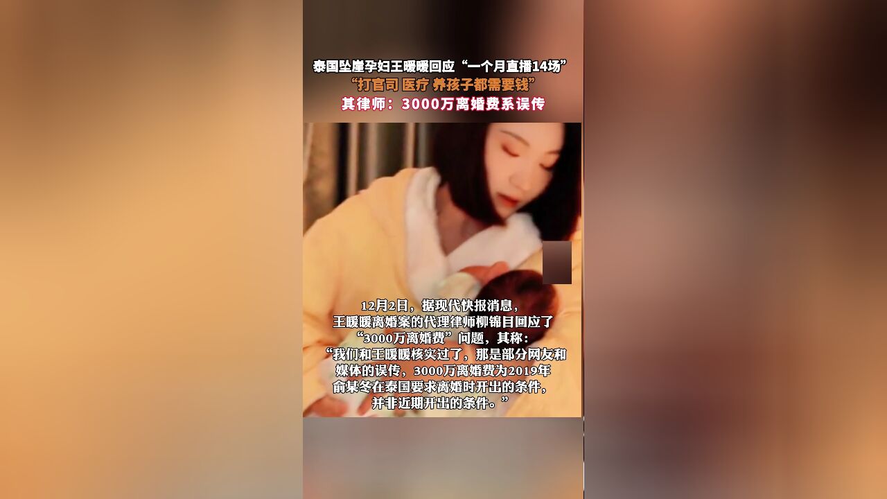 泰国坠崖孕妇王暖暖回应“一个月直播14场”,“打官司 医疗 养孩子都需要钱”,其律师:3000万离婚