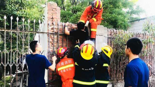 河南长葛:学生翻墙被铁栅栏刺伤手臂 消防队员赶赴现场温情营救