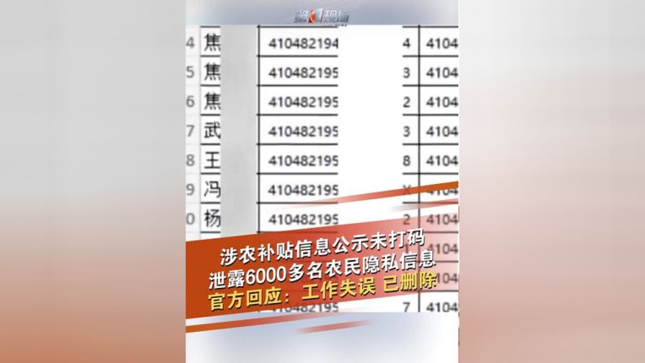 近日,河南平顶山有网友发布视频称,汝州市焦村镇在政府官网公示的该镇“2024年农民实际种植一次性补贴”信息中,将6000多名农民的隐私信息未加遮...