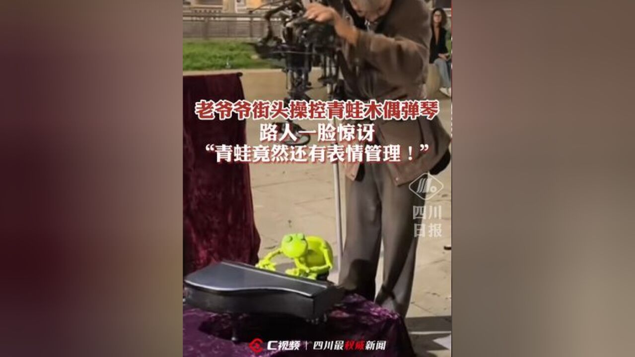 老爷爷街头操控青蛙木偶弹琴,路人一脸惊讶:它竟然还有表情管理!