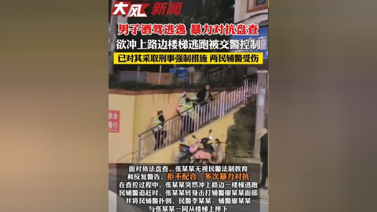 男子酒驾逃逸,还暴力对抗盘查致两民辅警受伤,欲冲上路边楼梯逃跑被交警控制,已被采取刑事强制措施