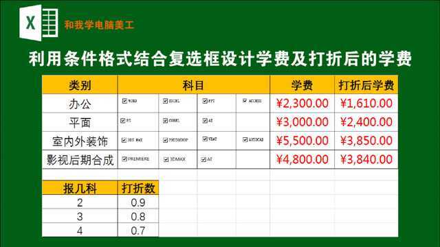 利用条件格式结合复选框制作打折学费