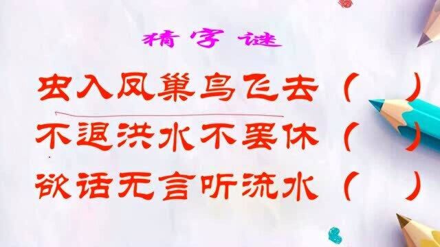 猜字谜:虫入凤巢鸟飞去;不退洪水不罢休;欲话无言听流水.各打一字