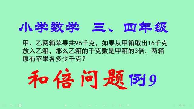 和倍问题(奥数):甲、乙两箱苹果共96千克,如果从甲箱取出16千克放入乙箱,那么乙箱的千克数是甲箱的3倍,两箱原有苹果各多少千克?