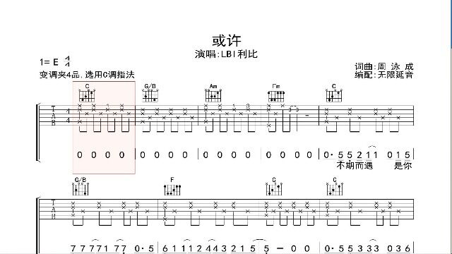 或许 ,吉他谱,动态吉他谱,吉他弹唱谱,无限延音吉他