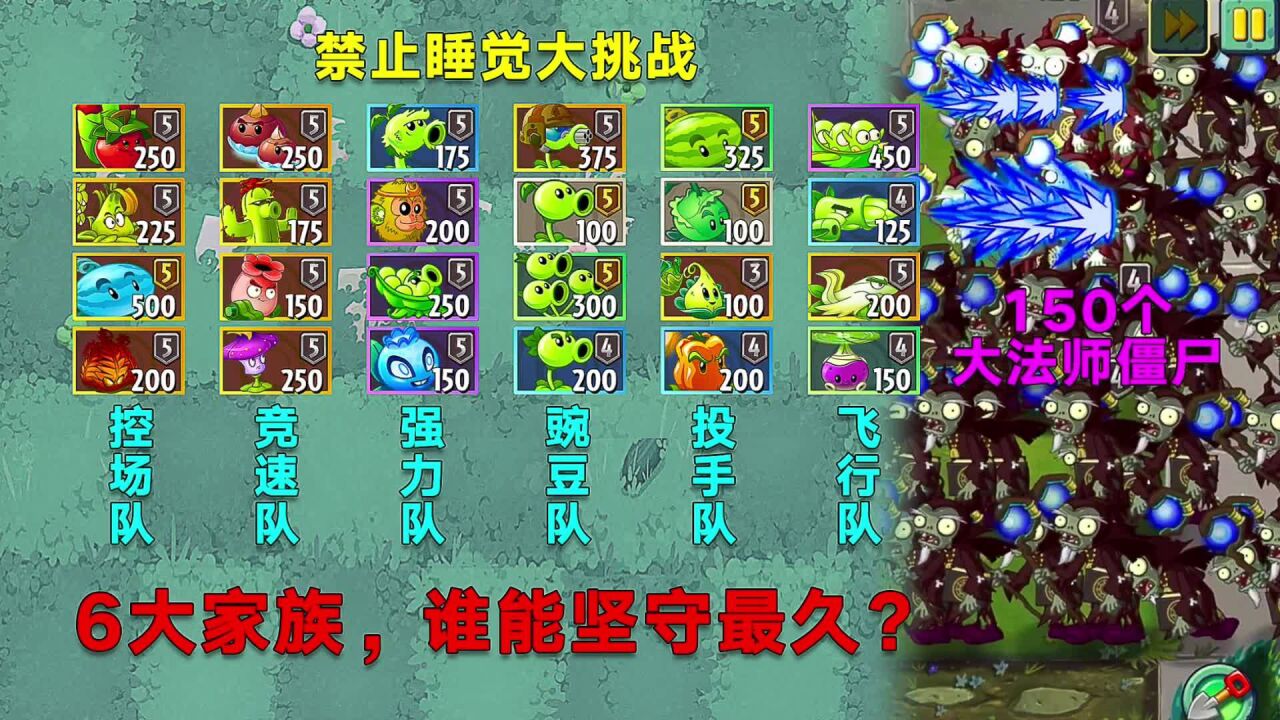 PVZ测试:面对150个大法师僵尸,6大家族,谁能不被他催眠?