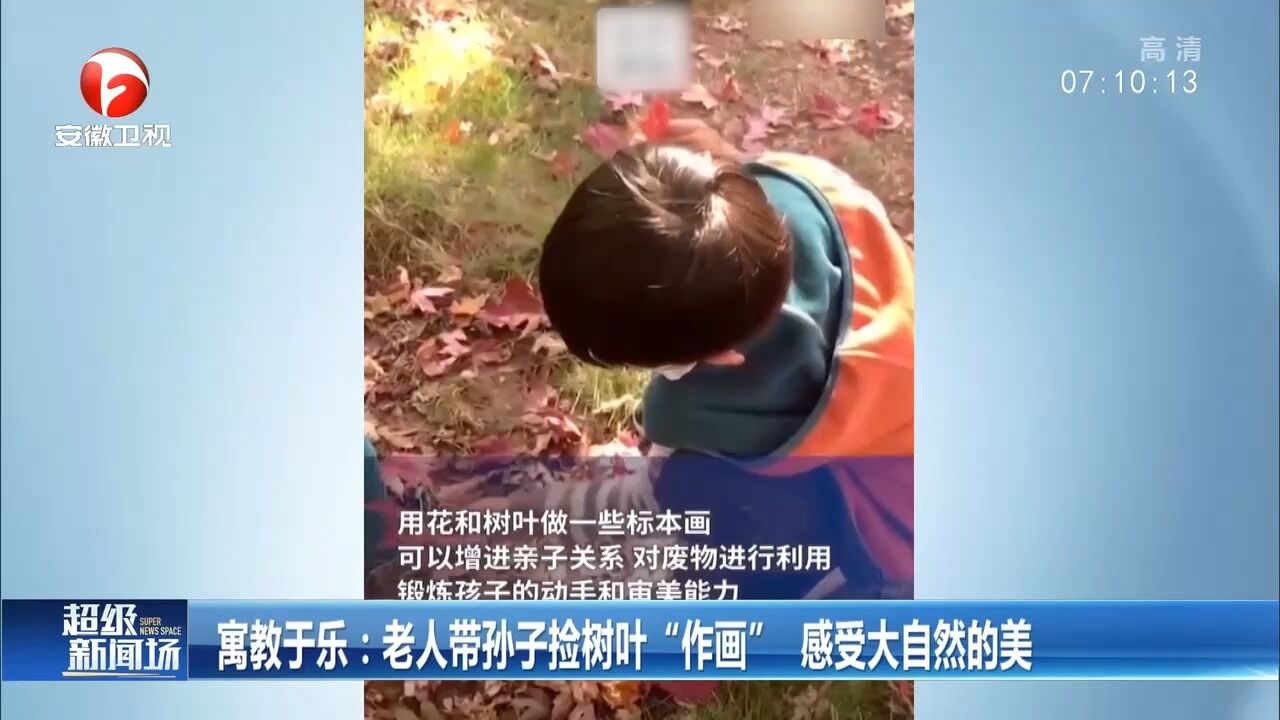 河南商丘:老人带孙子捡树叶“作画”,感受美丽大自然