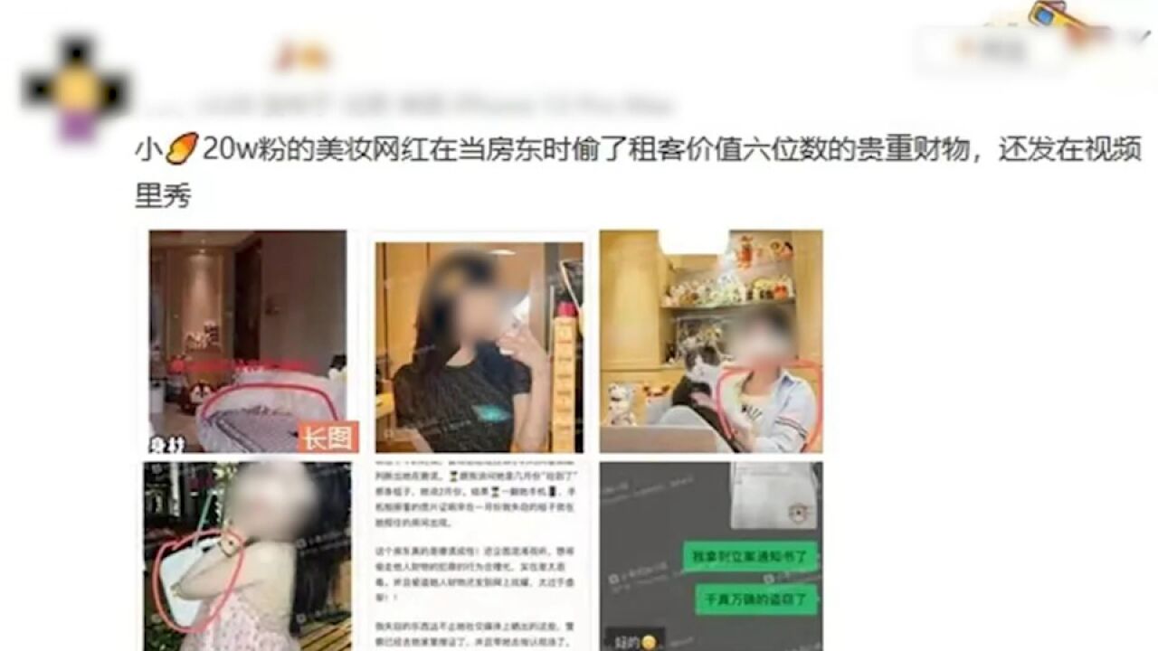 网红房东偷租客财物发网上秀证据:涉案物品粗略估计价值6位数