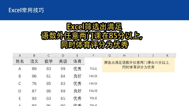 Excel筛选满足语数外任意两门课在85分以上,同时体育评分为优秀(网友提问)