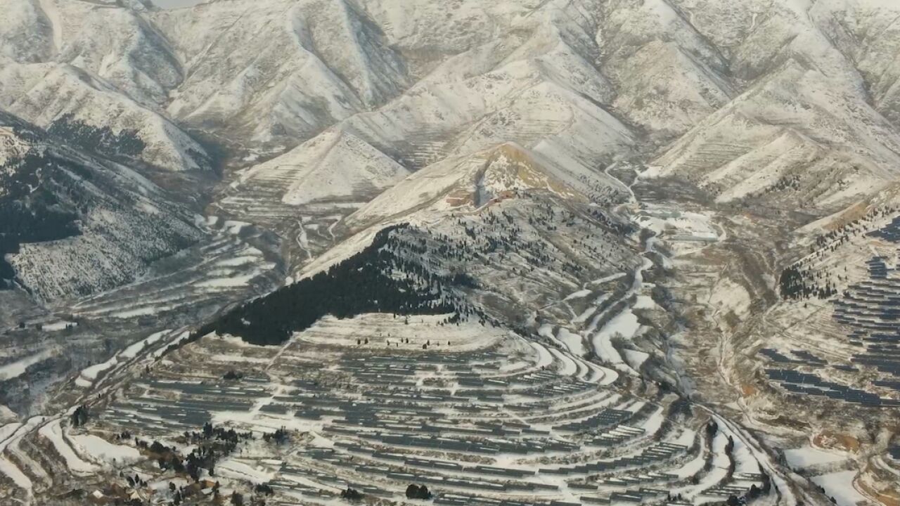 航拍山西运城中条山雪后盛景:层层梯田婀娜曲折如银丝盘绕