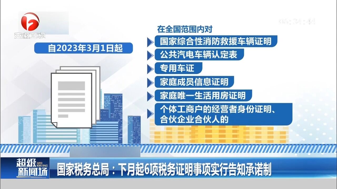 国家税务总局:下月起6项税务证明事项实行告知承诺制